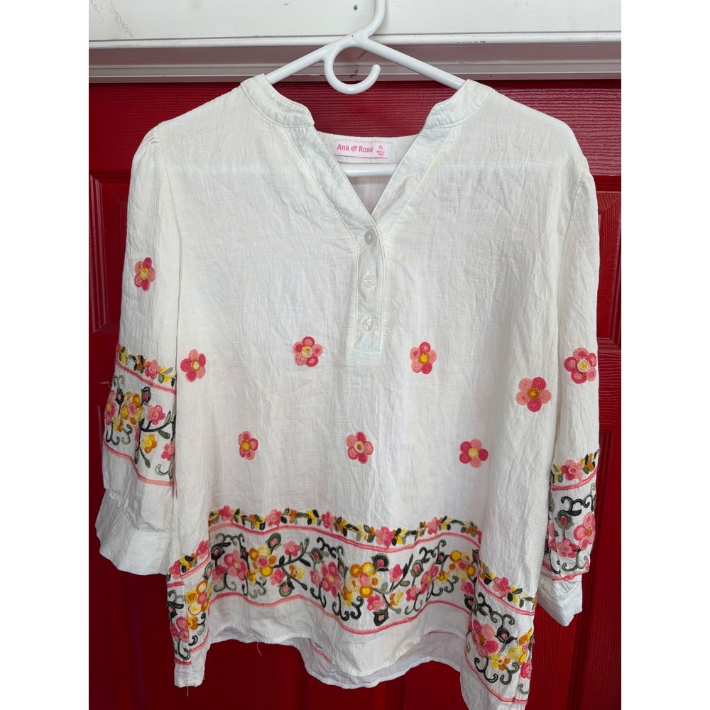 Ana & Rose White Floral Embroidered Linen Blend Blouse XL Boho Cottagecore Top